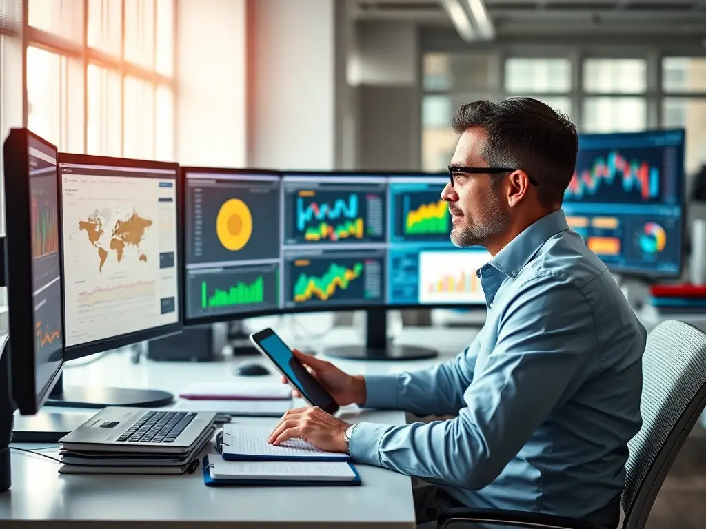 A business analyst is depicted reviewing data reports and providing insights, highlighting their role in translating complex business needs into actionable strategies.