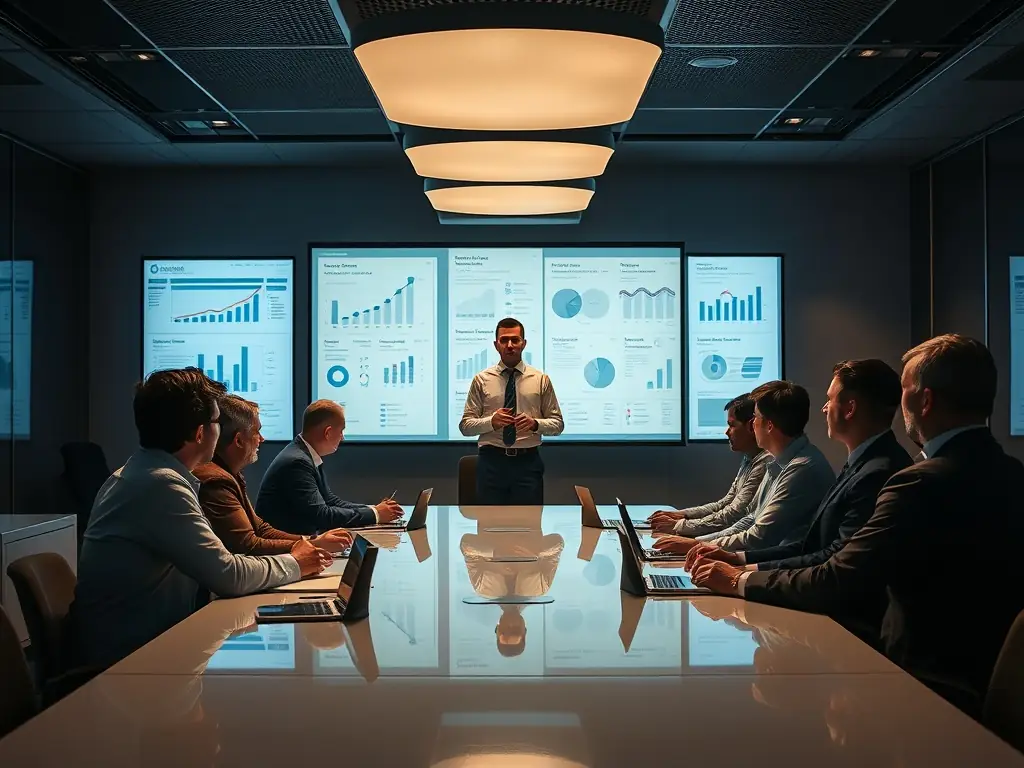 A professional project manager is leading a team meeting in a modern office, reviewing project timelines and deliverables on a large screen, emphasizing collaboration and strategic planning.