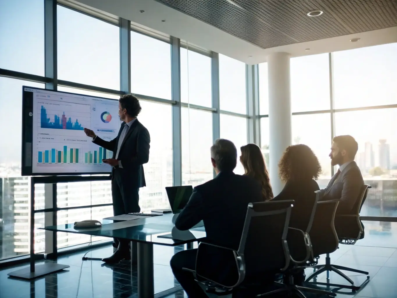A business analyst is presenting data-driven insights and recommendations to a leadership team in a boardroom, using charts and graphs to illustrate key findings and strategic opportunities.