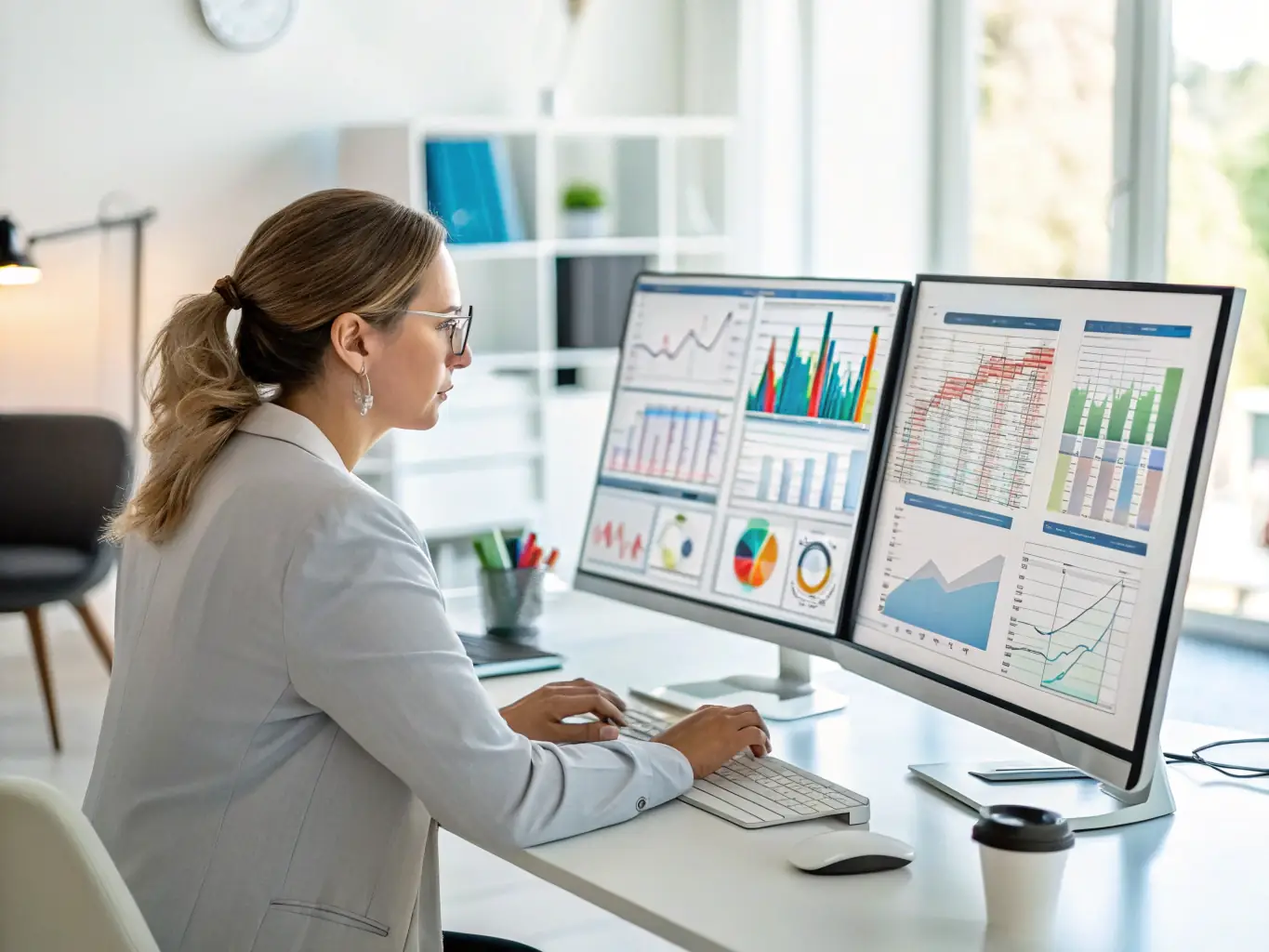An image of a business analyst reviewing data dashboards on multiple monitors in a professional office setting, highlighting data-driven decision-making.