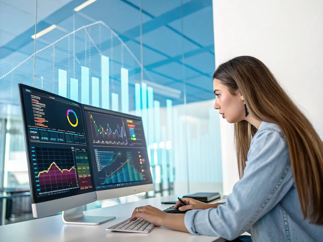 An image of a business analyst reviewing data dashboards on multiple monitors in a professional office setting, showcasing Lakemont's capabilities in business analysis and data reporting.