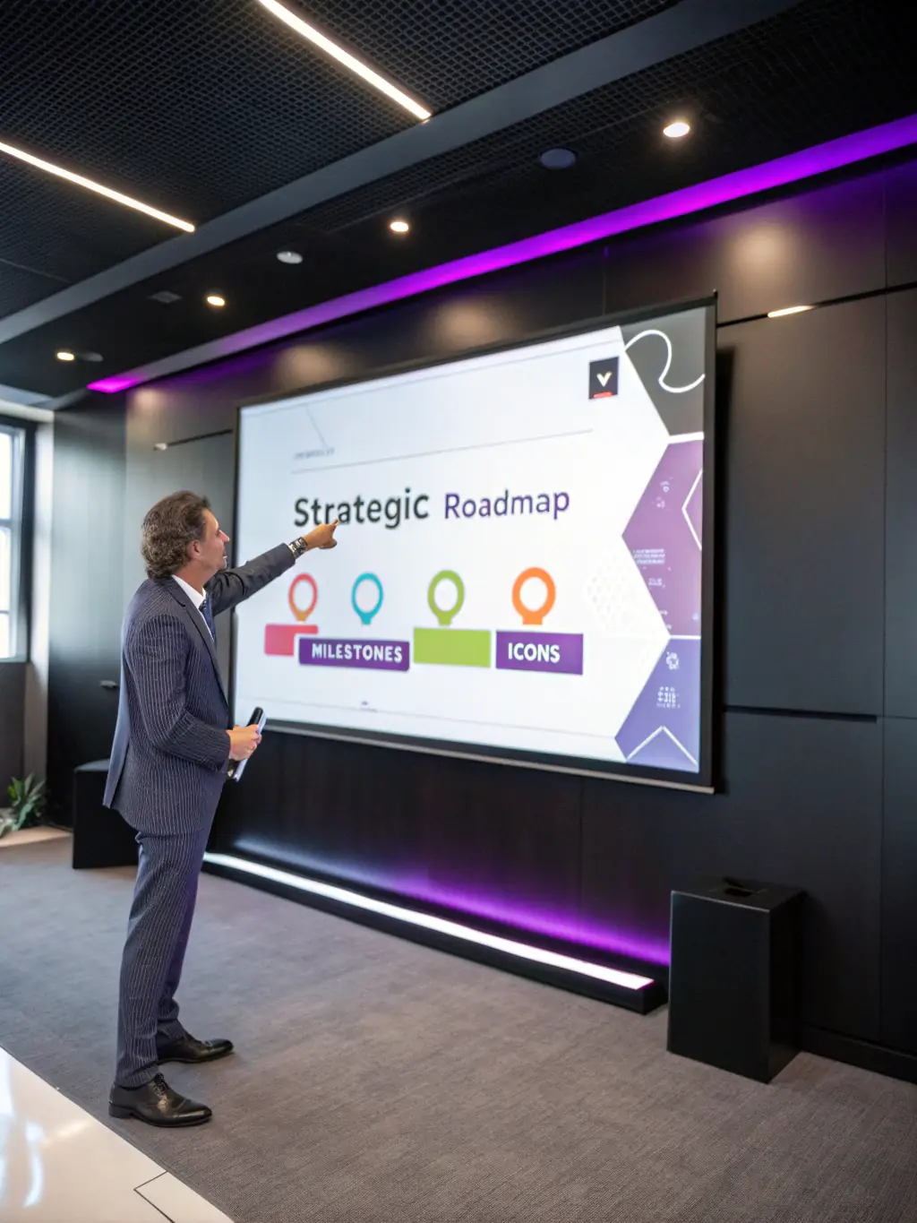 A professional consultant confidently presenting a project timeline to a team in a modern office, emphasizing Lakemont's commitment to on-time delivery.