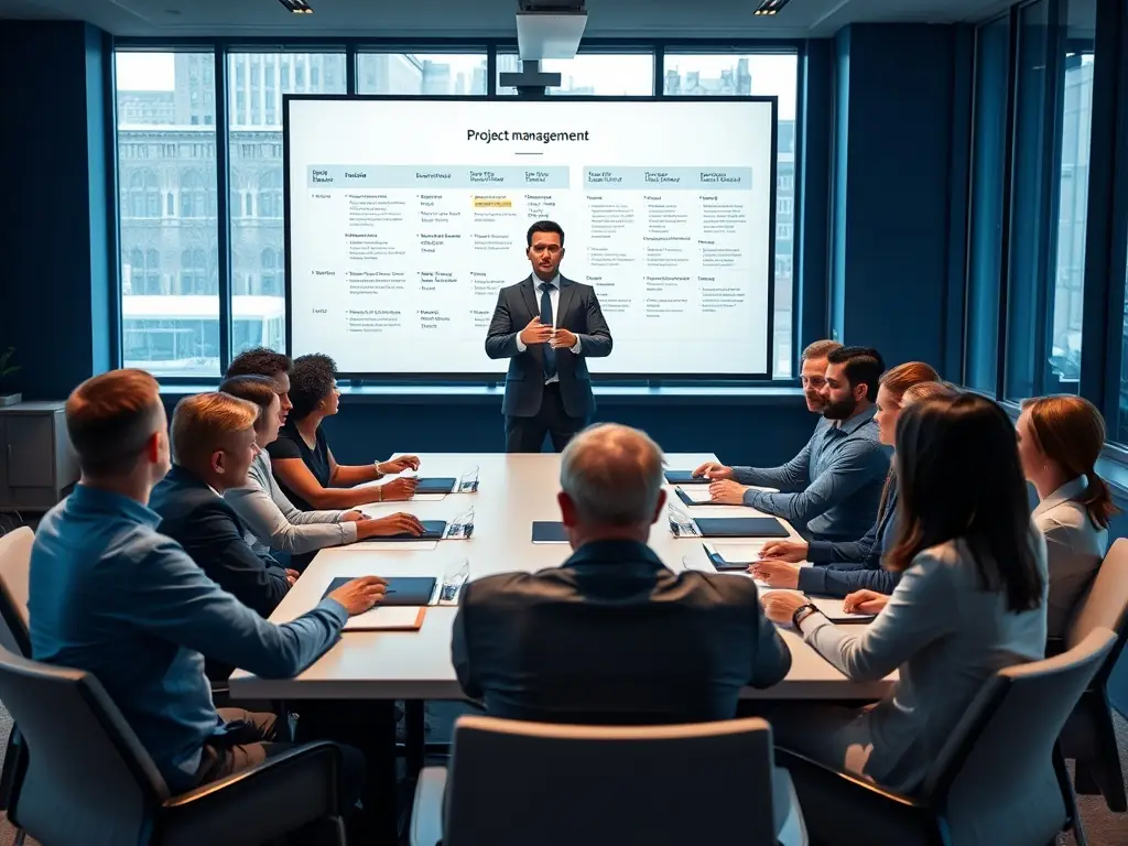 An image of a project manager leading a team in a modern conference room with charts and digital screens displaying project timelines, emphasizing Lakemont's expertise in project management.