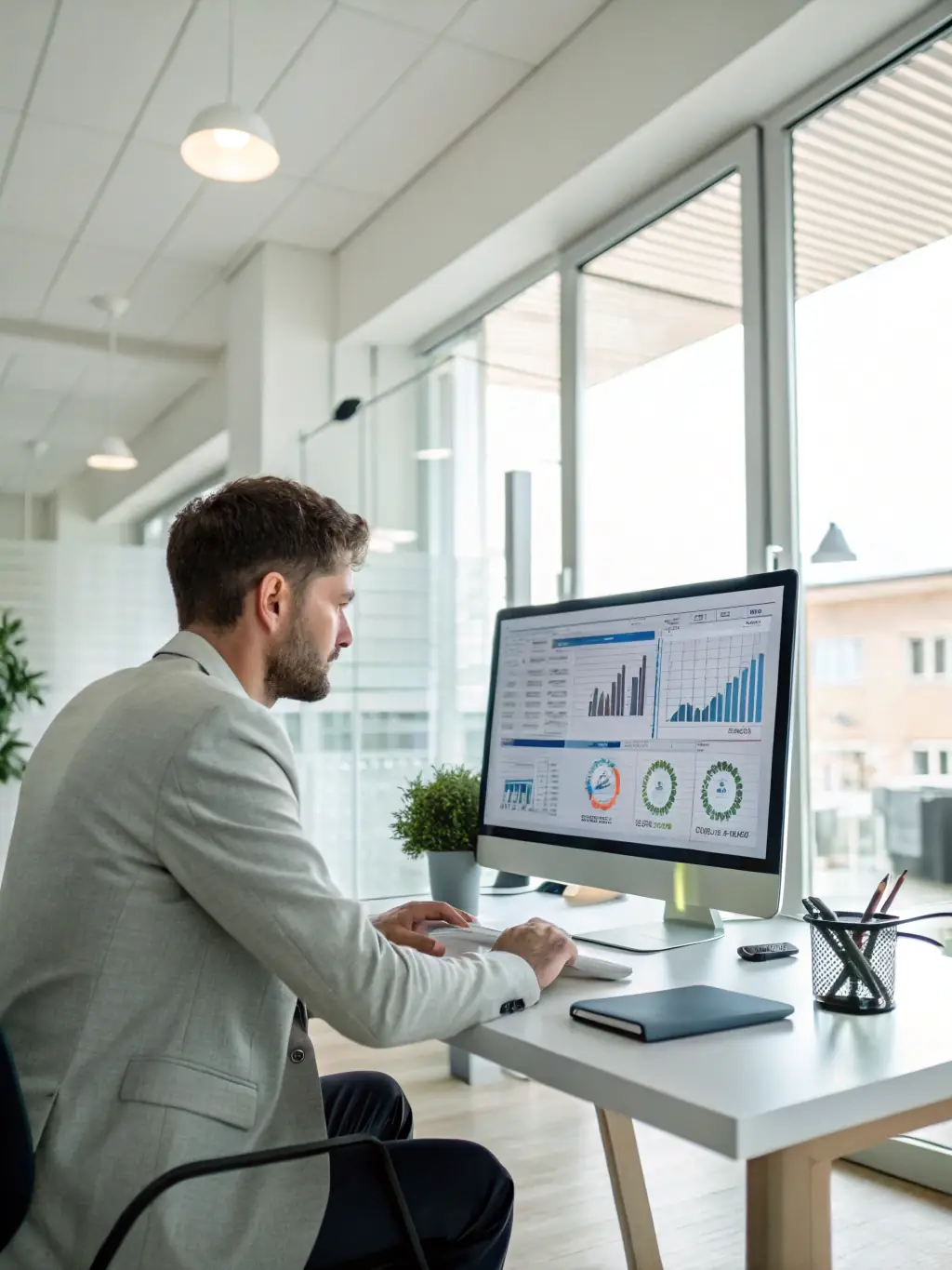 A business analyst reviewing a complex data dashboard, highlighting Lakemont's expertise in transforming data into actionable insights.