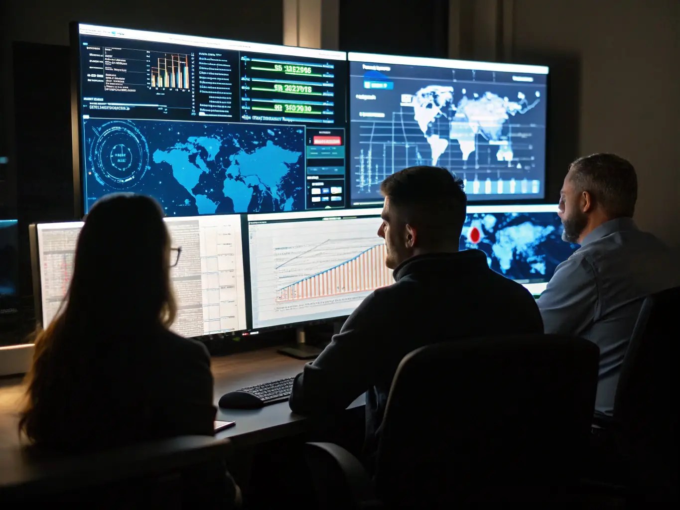 A cybersecurity specialist is monitoring network security and threat detection systems in a security operations center, ensuring the protection of sensitive data and critical infrastructure.