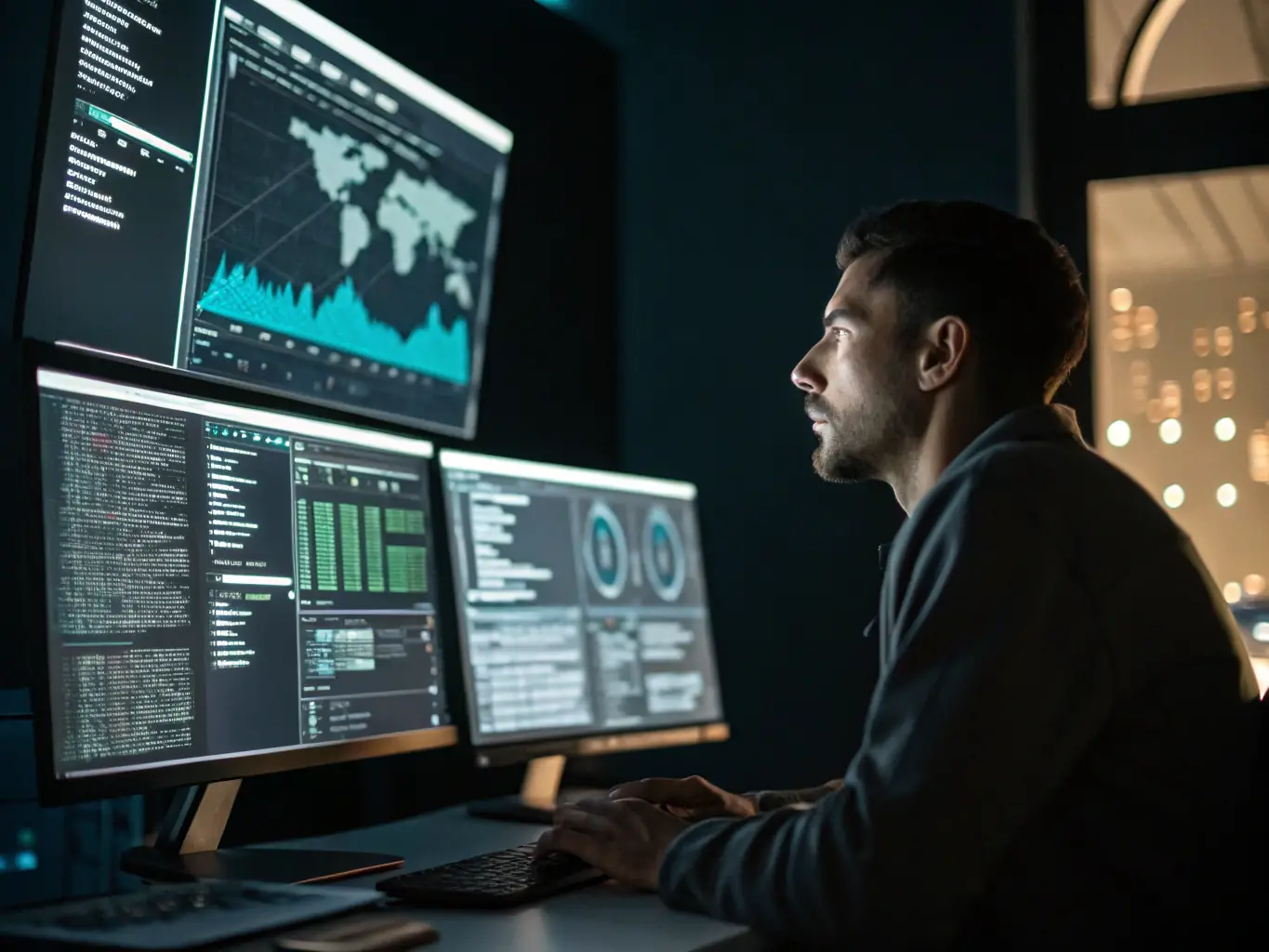 An image of a cybersecurity analyst monitoring security alerts on a digital interface with AI analytics visualizations, highlighting Lakemont's expertise in cybersecurity and AI.