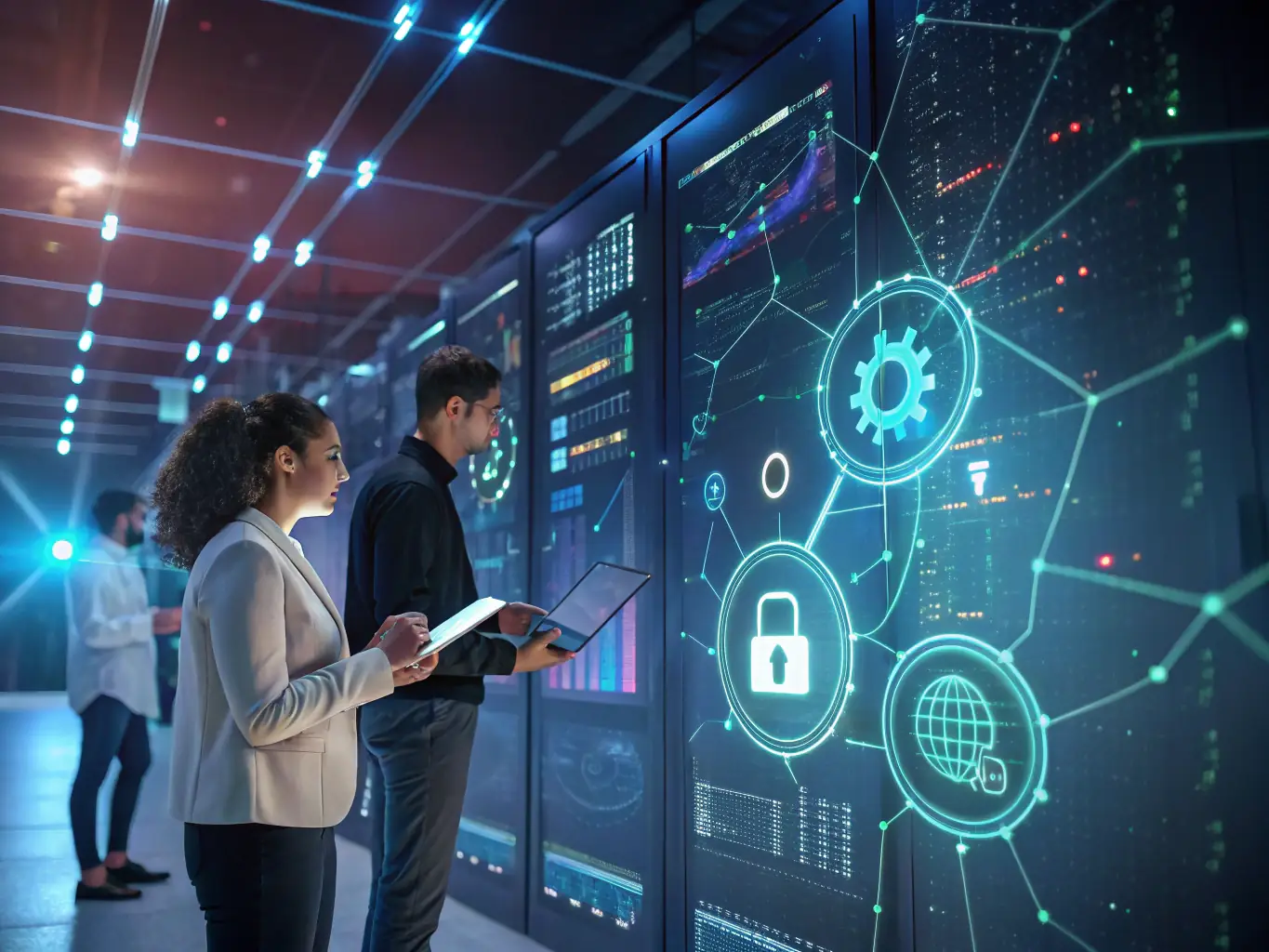 A cybersecurity expert is shown implementing security measures to protect digital assets, emphasizing the importance of secure and intelligent operations.