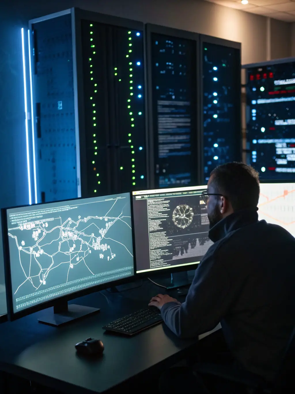 A cybersecurity expert monitoring a network security interface, showcasing Lakemont's proactive approach to protecting digital assets.