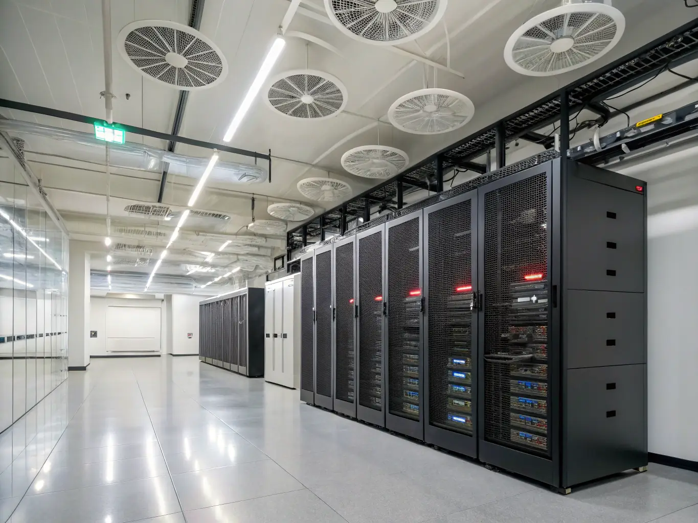 A detailed image depicting a modern data center with rows of servers and blinking lights, emphasizing security and high performance.