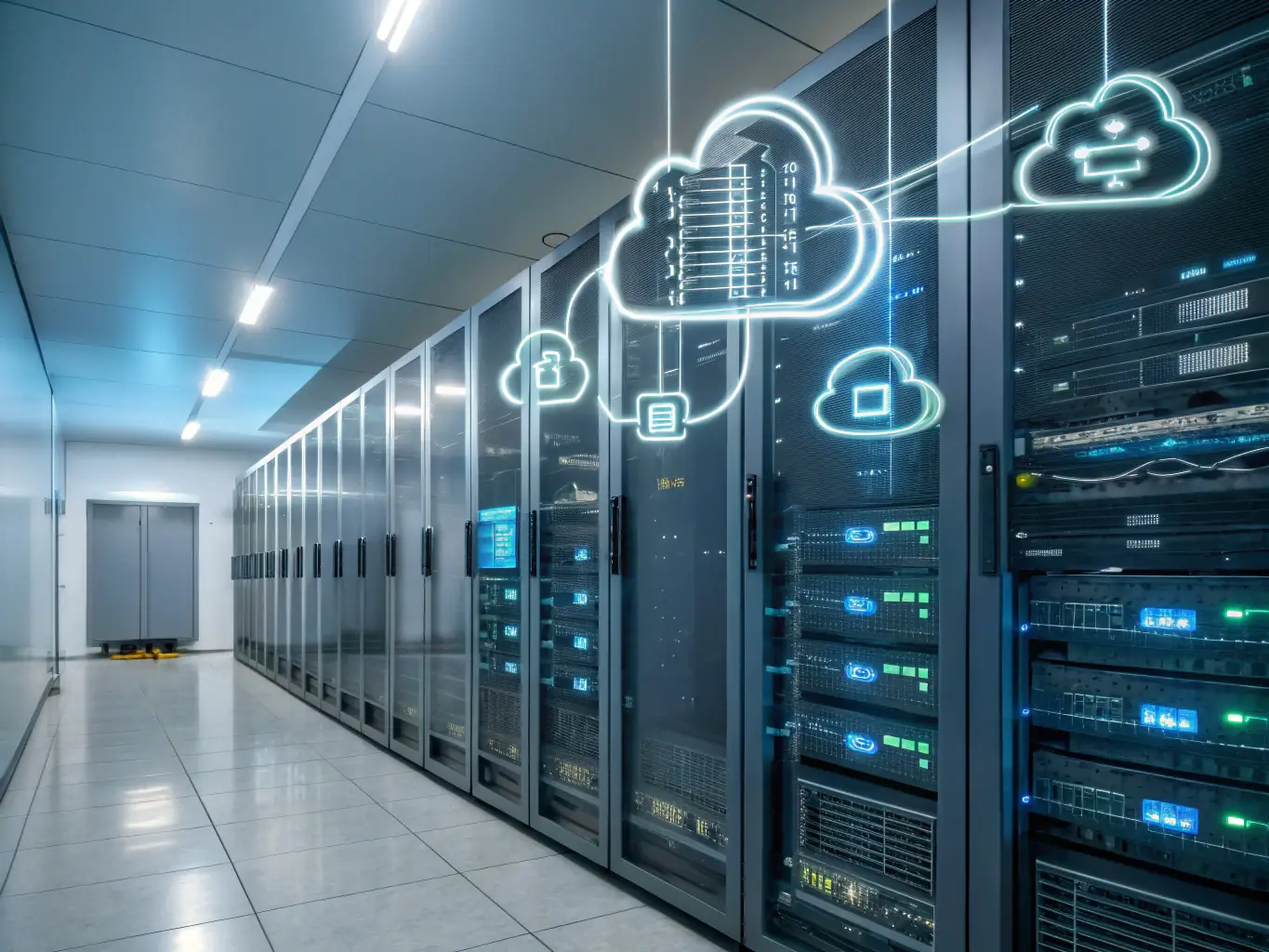 A visual representation of cloud computing architecture, showcasing interconnected servers and data flow, highlighting scalability and flexibility.